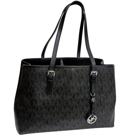 Michael Kors Tote Jet Set Signature Leather Black Silver - Picture 9 of 9